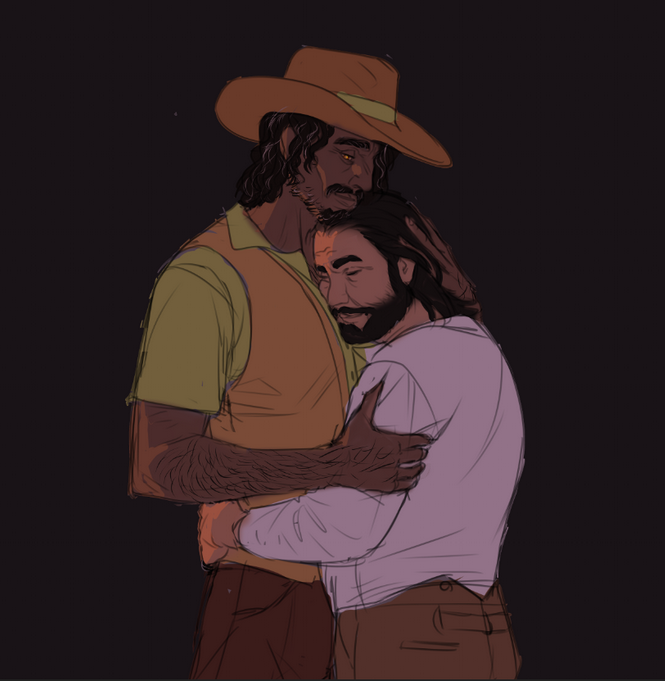 Sketch of Javier and Larry holding each other lovingly in dim light.